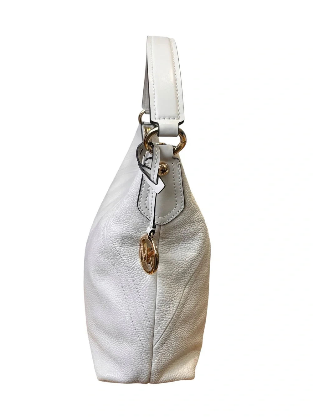 Michael Kors White Pebbled Leather Hobo Shoulder Bag Gold Logo Charm